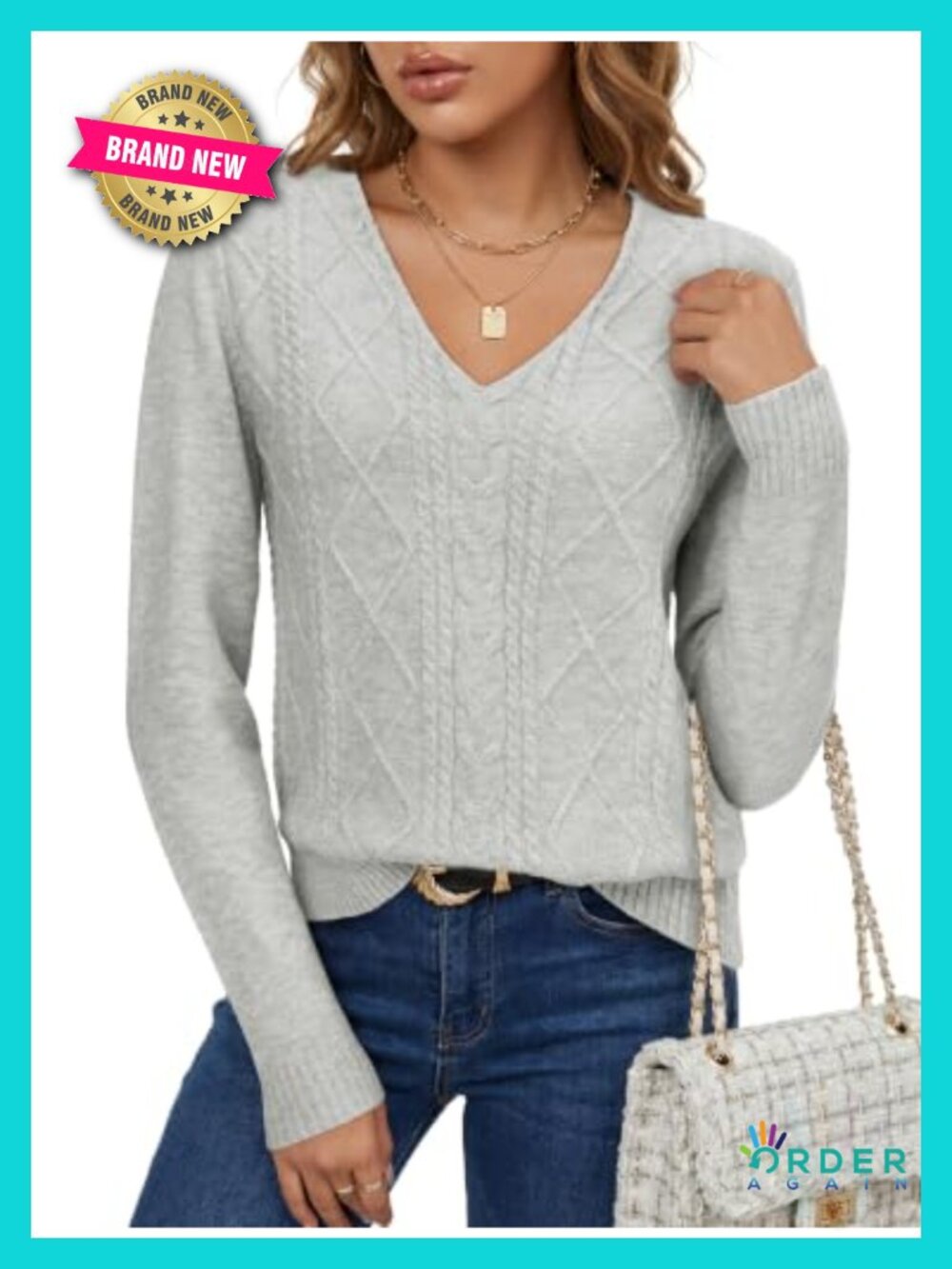 Cable Knit V-Neck Long Sleeve Pullover Sweater Lightweight Office